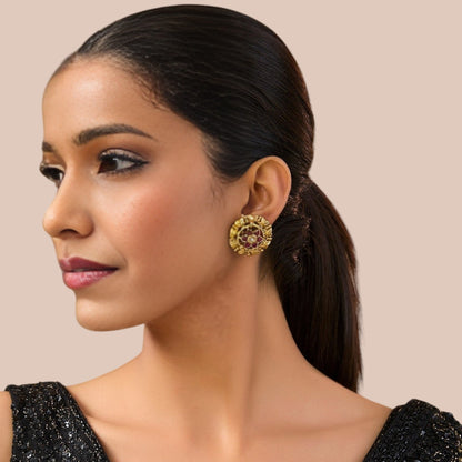 Gold - Plated Floral Stud Earrings with Ruby Accents - Auraa Trends - Studs - # - Auraa Trends - Gold - Plated Floral Stud Earrings with Ruby Accents