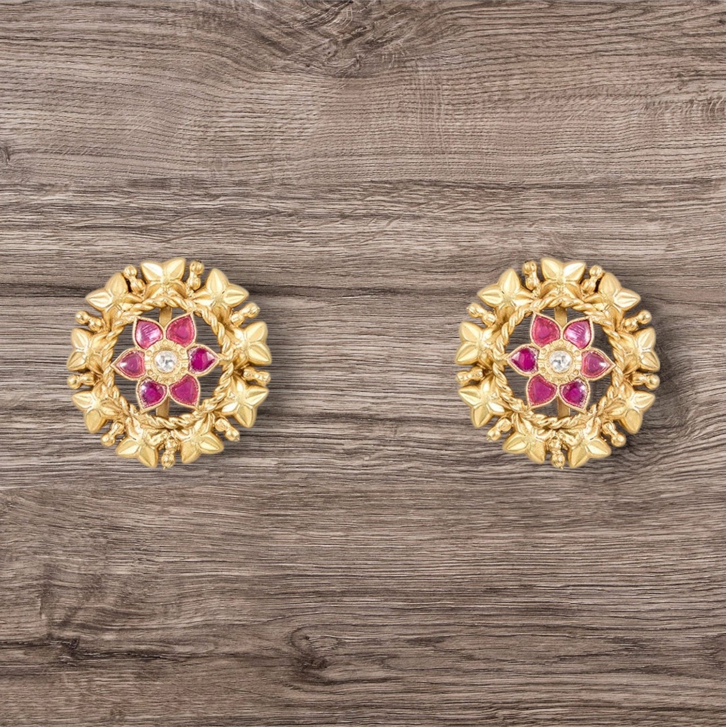 Gold - Plated Floral Stud Earrings with Ruby Accents - Auraa Trends - Studs - # - Auraa Trends - Gold - Plated Floral Stud Earrings with Ruby Accents