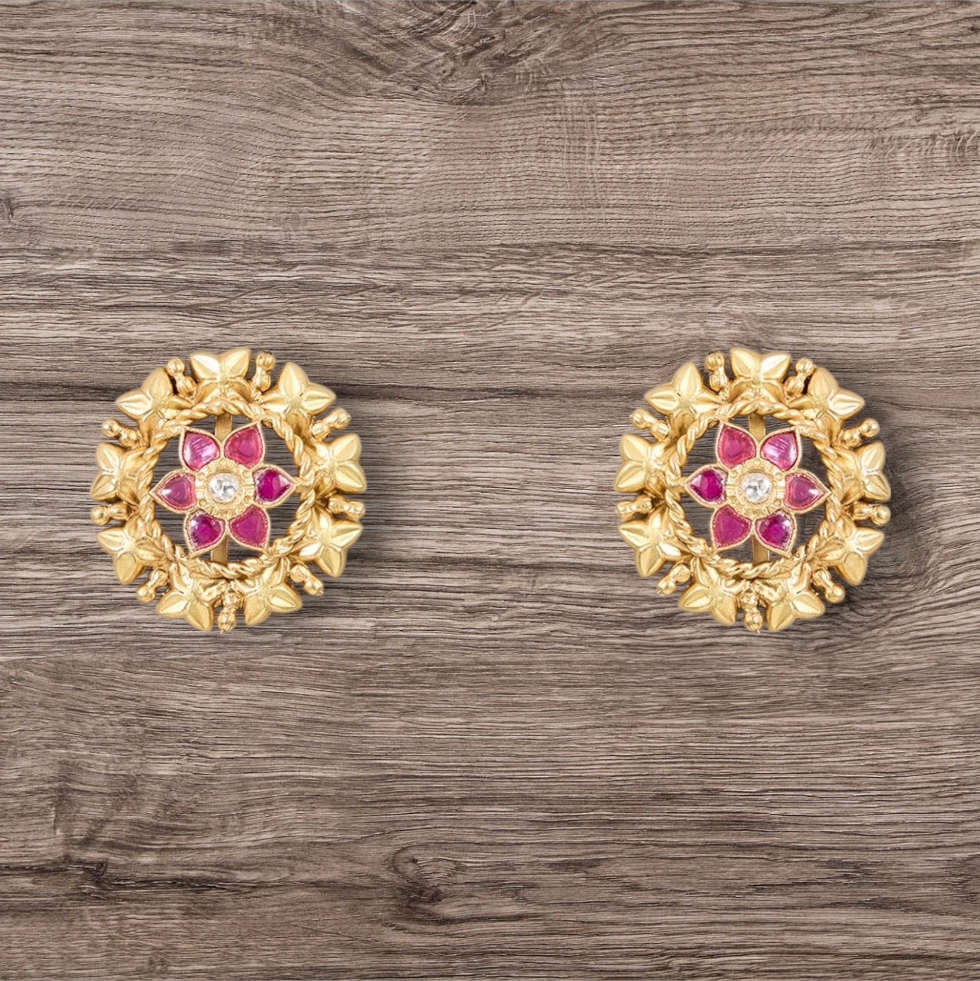 Gold - Plated Floral Stud Earrings with Ruby Accents - Auraa Trends - Studs - # - Auraa Trends - Gold - Plated Floral Stud Earrings with Ruby Accents