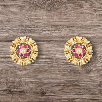 Gold - Plated Floral Stud Earrings with Ruby Accents - Auraa Trends - Studs - # - Auraa Trends - Gold - Plated Floral Stud Earrings with Ruby Accents