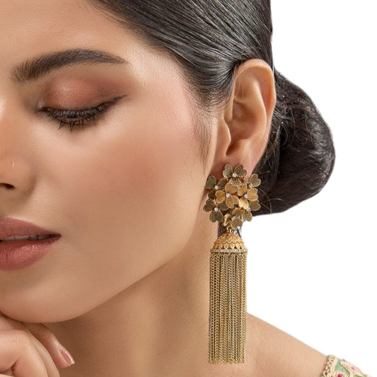 Gold - Plated Floral Tassel Earrings for Women Long Chain Drop Statement Danglers - Auraa Trends - Earrings -  - Auraa Trends - "Gold - plated long tassel earrings with floral motif and textured dome top, featuring chain drop design ideal for festive and cocktail wear."