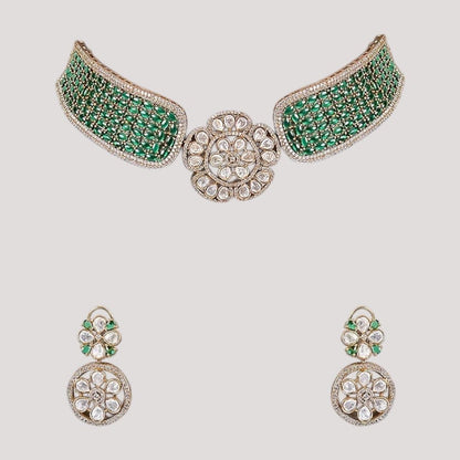 Gold - Plated Green Beaded Kundan Floral Choker Necklace Set with Earrings - Auraa Trends - Necklace Set -  - Auraa Trends - Woman wearing gold - plated green kundan floral choker necklace set with earrings