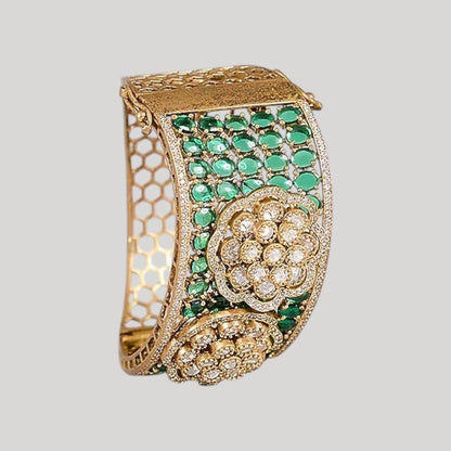 Gold - Plated Green Kundan Kada Bangle with Floral Design for Women - Auraa Trends - Bracelet -  - Auraa Trends - "Gold - plated green kundan floral kada bangle bracelet for women – ethnic Indian jewelry with antique finish, worn with saree"