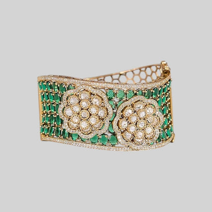 Gold - Plated Green Kundan Kada Bangle with Floral Design for Women - Auraa Trends - Bracelet -  - Auraa Trends - "Gold - plated green kundan floral kada bangle bracelet for women – ethnic Indian jewelry with antique finish, worn with saree"