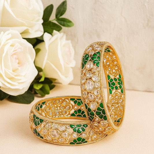 Gold - Plated Green Meenakari Kundan Bangles for Women - Auraa Trends - Bangles -  - Auraa Trends - kundan bangles, meenakari jewelry, bridal bangles set, green and gold bangles, Indian wedding jewelry, ethnic accessories, festive jewelry for women, traditional bangles, handcrafted kundan bangles, gold plated enamel bangles