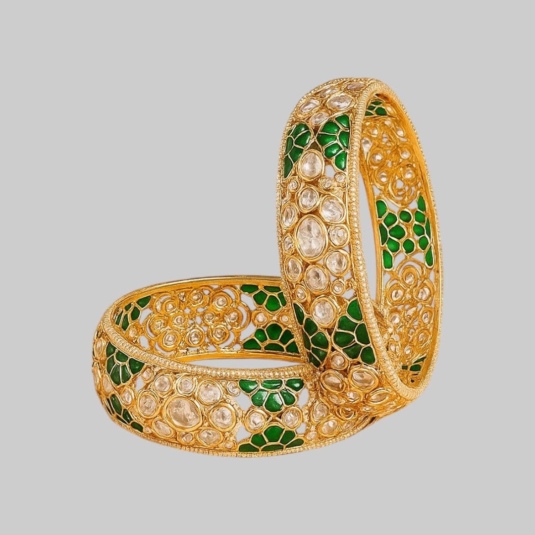 Gold - Plated Green Meenakari Kundan Bangles for Women - Auraa Trends - Bangles -  - Auraa Trends - kundan bangles, meenakari jewelry, bridal bangles set, green and gold bangles, Indian wedding jewelry, ethnic accessories, festive jewelry for women, traditional bangles, handcrafted kundan bangles, gold plated enamel bangles