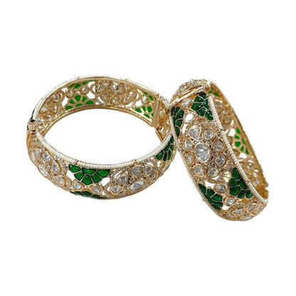 Gold - Plated Green Meenakari Kundan Bangles for Women - Auraa Trends - Bangles -  - Auraa Trends - kundan bangles, meenakari jewelry, bridal bangles set, green and gold bangles, Indian wedding jewelry, ethnic accessories, festive jewelry for women, traditional bangles, handcrafted kundan bangles, gold plated enamel bangles