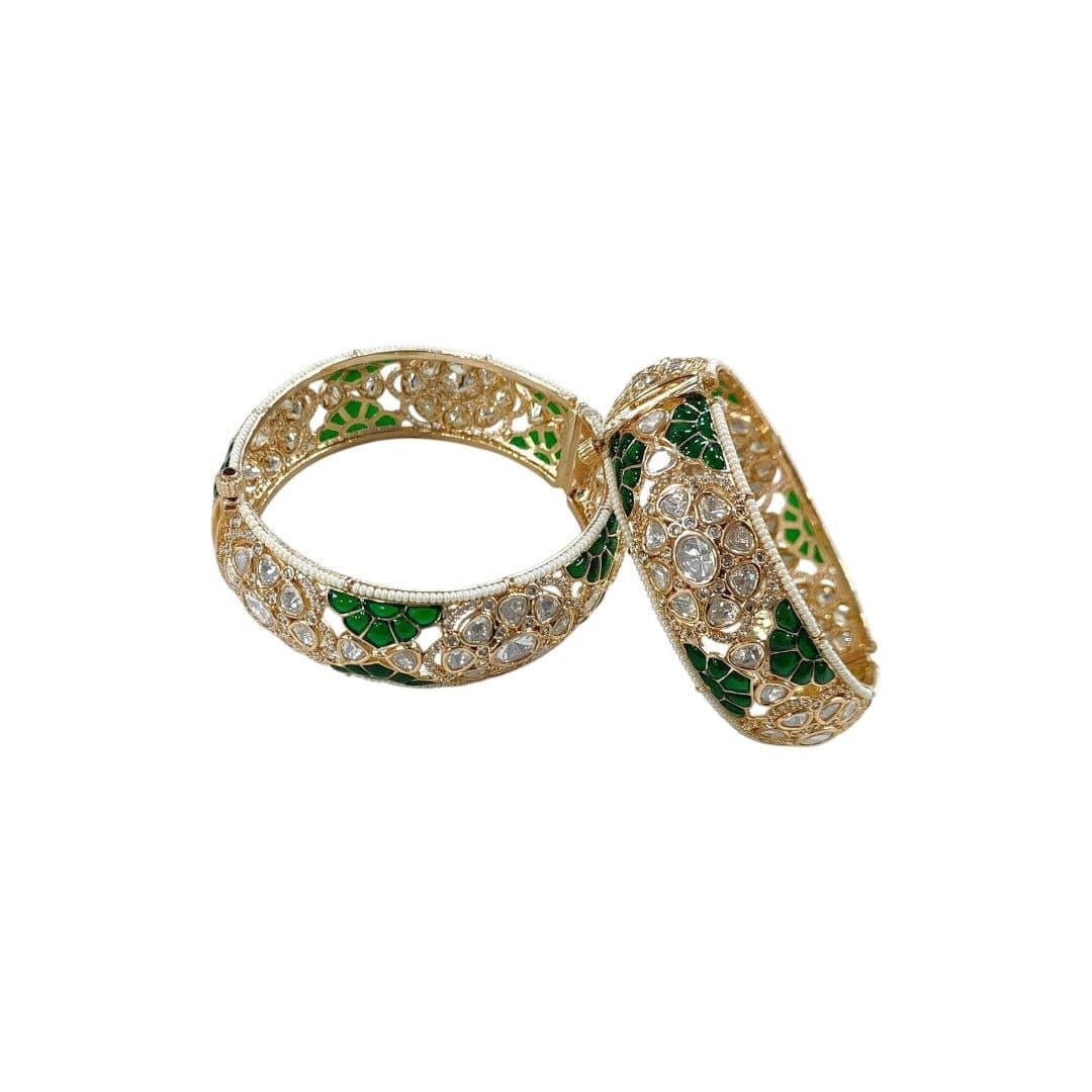 Gold - Plated Green Meenakari Kundan Bangles for Women - Auraa Trends - Bangles -  - Auraa Trends - kundan bangles, meenakari jewelry, bridal bangles set, green and gold bangles, Indian wedding jewelry, ethnic accessories, festive jewelry for women, traditional bangles, handcrafted kundan bangles, gold plated enamel bangles