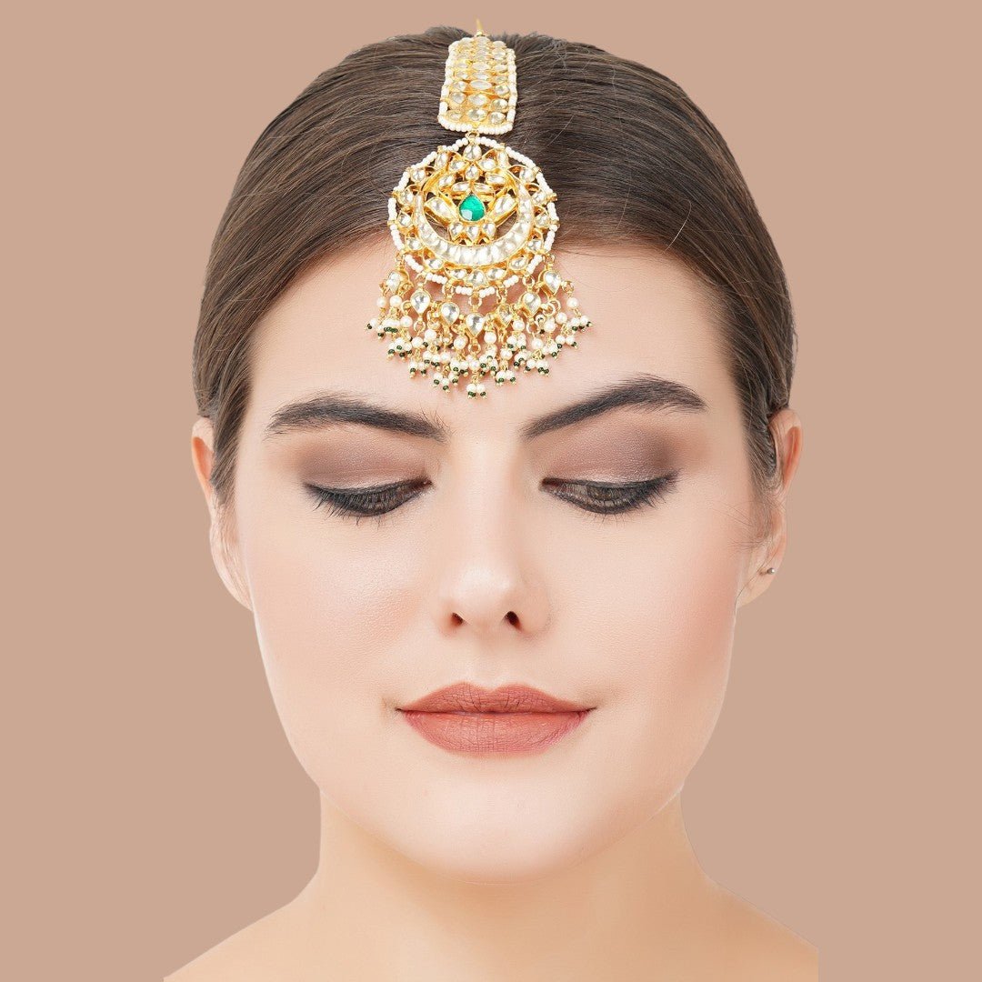 Gold Plated Green Onyx Maangtikka - Auraa Trends - Maangtika - # - Auraa Trends - Gold Plated Green Onyx Maangtikka