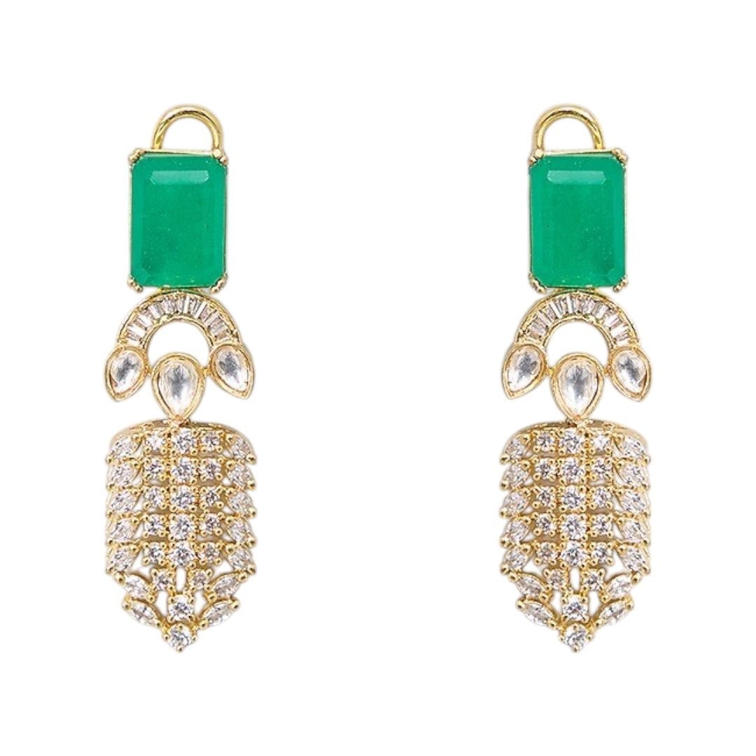 Gold - Plated Green Stone & CZ Diamond Look Choker Necklace Set with Earrings for Women - Auraa Trends - Necklace Set -  - Auraa Trends - "Gold - plated choker necklace set with rectangular green stone and diamond - look CZ embellishments – Includes matching drop earrings for traditional or party wear"
