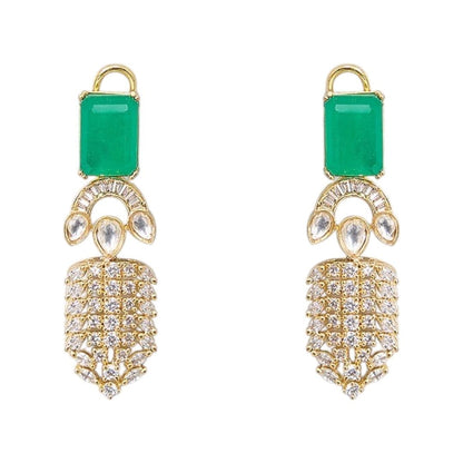 Gold - Plated Green Stone & CZ Diamond Look Choker Necklace Set with Earrings for Women - Auraa Trends - Necklace Set -  - Auraa Trends - "Gold - plated choker necklace set with rectangular green stone and diamond - look CZ embellishments – Includes matching drop earrings for traditional or party wear"