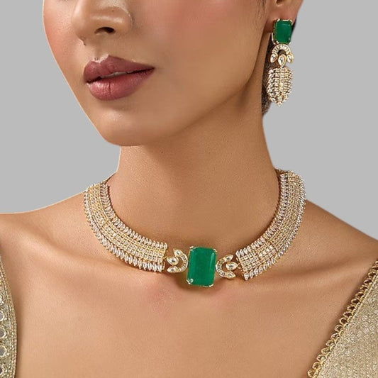 Gold - Plated Green Stone & CZ Diamond Look Choker Necklace Set with Earrings for Women - Auraa Trends - Necklace Set -  - Auraa Trends - "Gold - plated choker necklace set with rectangular green stone and diamond - look CZ embellishments – Includes matching drop earrings for traditional or party wear"