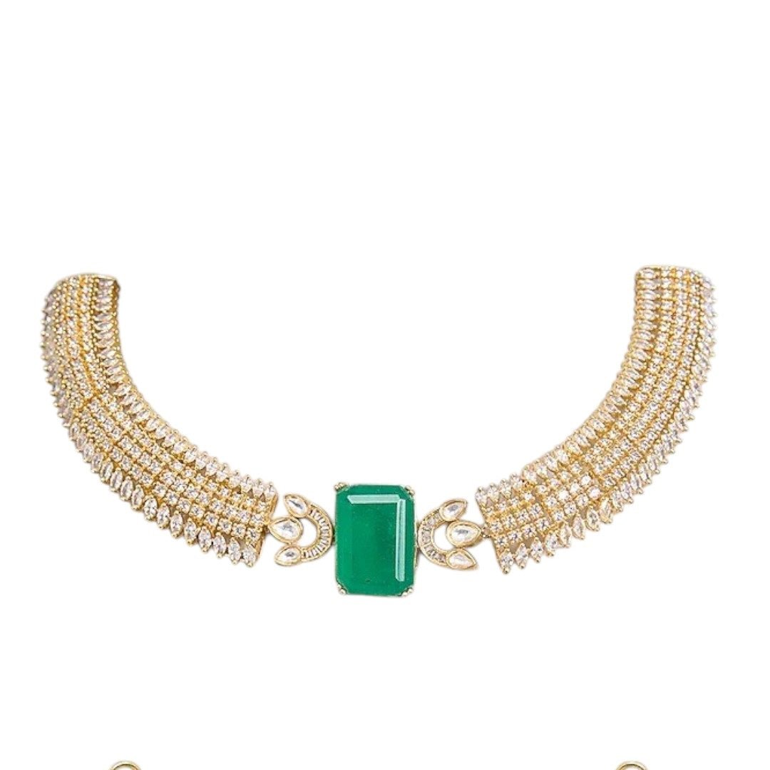 Gold - Plated Green Stone & CZ Diamond Look Choker Necklace Set with Earrings for Women - Auraa Trends - Necklace Set -  - Auraa Trends - "Gold - plated choker necklace set with rectangular green stone and diamond - look CZ embellishments – Includes matching drop earrings for traditional or party wear"