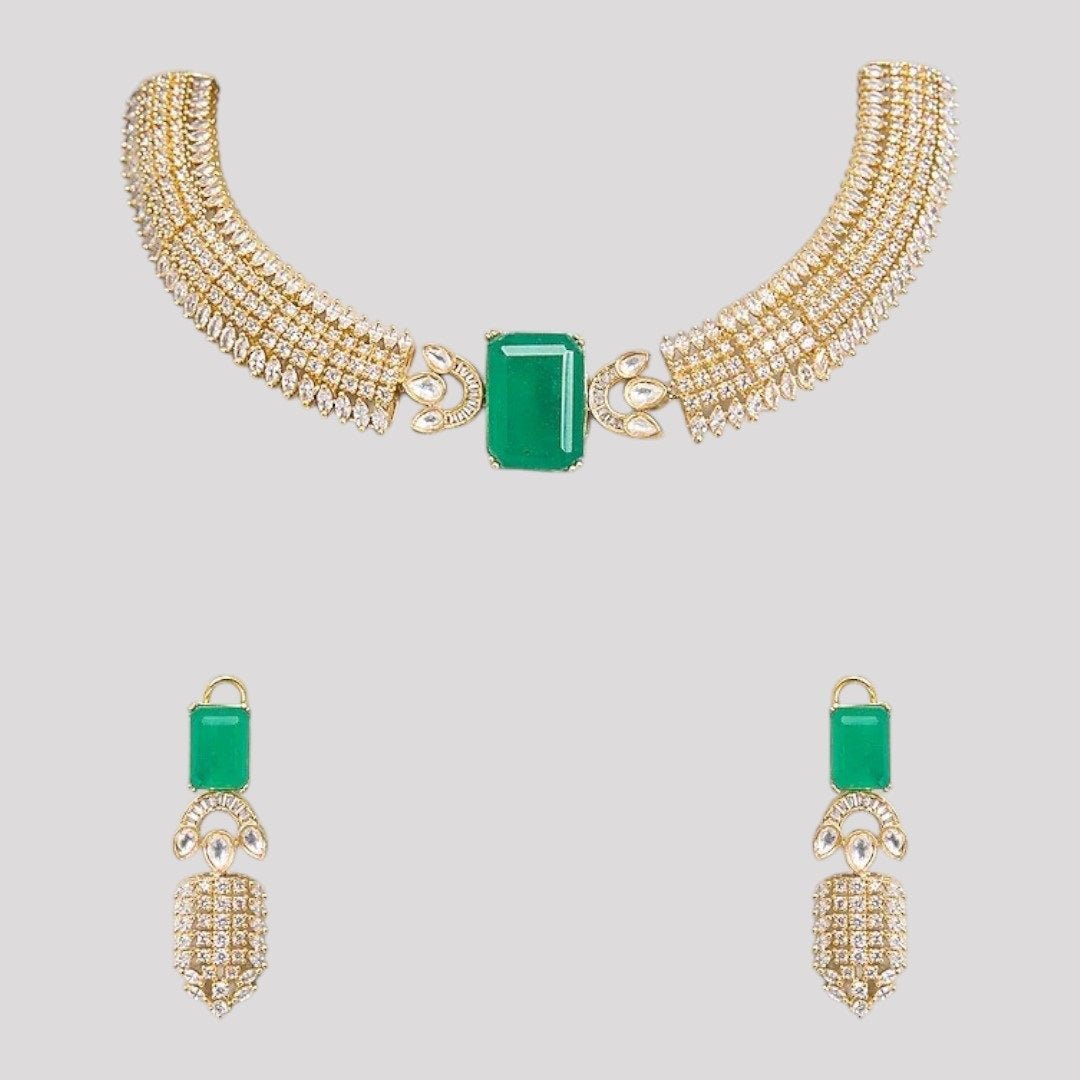 Gold - Plated Green Stone & CZ Diamond Look Choker Necklace Set with Earrings for Women - Auraa Trends - Necklace Set -  - Auraa Trends - "Gold - plated choker necklace set with rectangular green stone and diamond - look CZ embellishments – Includes matching drop earrings for traditional or party wear"