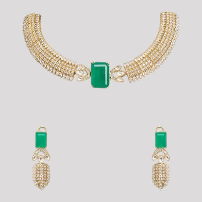 Gold - Plated Green Stone & CZ Diamond Look Choker Necklace Set with Earrings for Women - Auraa Trends - Necklace Set -  - Auraa Trends - "Gold - plated choker necklace set with rectangular green stone and diamond - look CZ embellishments – Includes matching drop earrings for traditional or party wear"