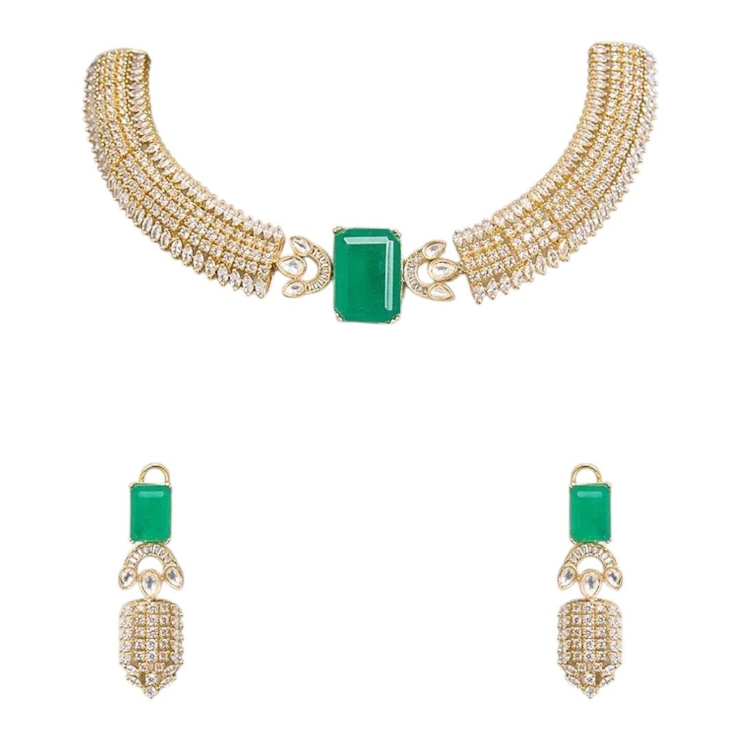 Gold - Plated Green Stone & CZ Diamond Look Choker Necklace Set with Earrings for Women - Auraa Trends - Necklace Set -  - Auraa Trends - "Gold - plated choker necklace set with rectangular green stone and diamond - look CZ embellishments – Includes matching drop earrings for traditional or party wear"