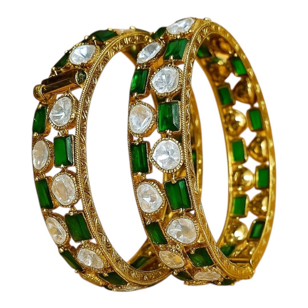 Gold - Plated Green & White Stone Studded Ethnic Bangles for Women - Auraa Trends - Bangles -  - Auraa Trends - Close - up view of gold - plated ethnic bangles with green and white stones on a yellow background