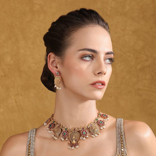 Gold - Plated Handcrafted Choker Necklace Set - Auraa Trends - Choker - Gold - Plated Handcrafted Choker Necklace Set