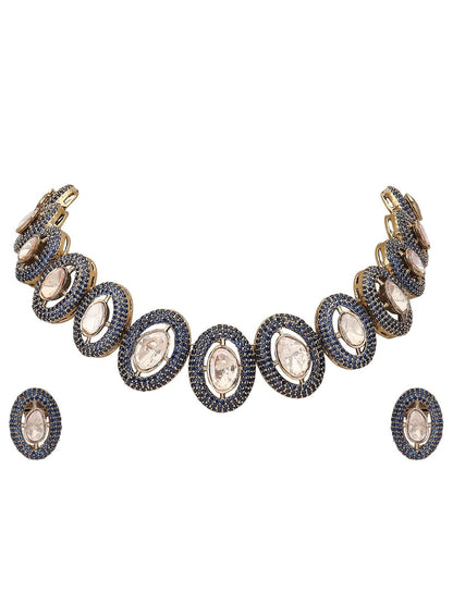 Gold-Plated Handcrafted Choker Necklace Set with Blue Crystal Accents - Auraa Trends - choker - Choker choker set for women