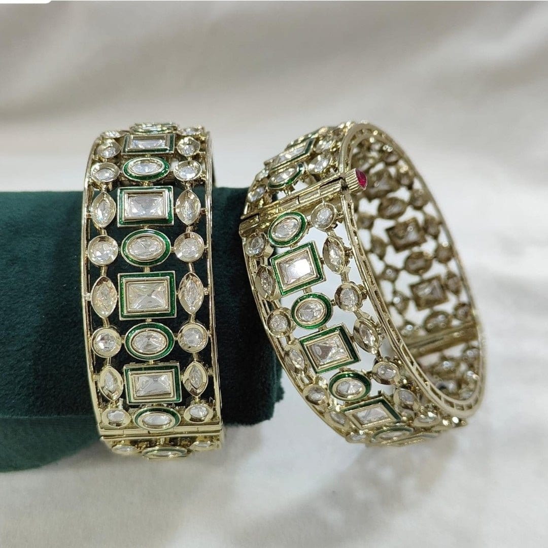 Gold - Plated Kundan Bangles with Green Enamel Work - Auraa Trends - Bangles -  - Auraa Trends - Elegant gold - plated kundan bangles with green enamel work and lattice design – traditional ethnic jewelry for festive wear.