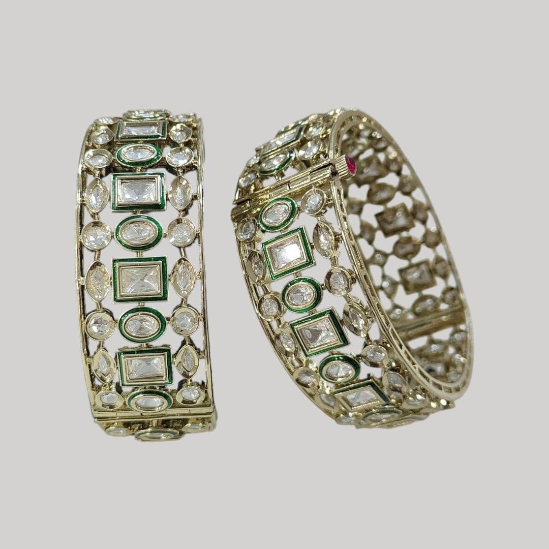 Gold - Plated Kundan Bangles with Green Enamel Work - Auraa Trends - Bangles -  - Auraa Trends - Elegant gold - plated kundan bangles with green enamel work and lattice design – traditional ethnic jewelry for festive wear.