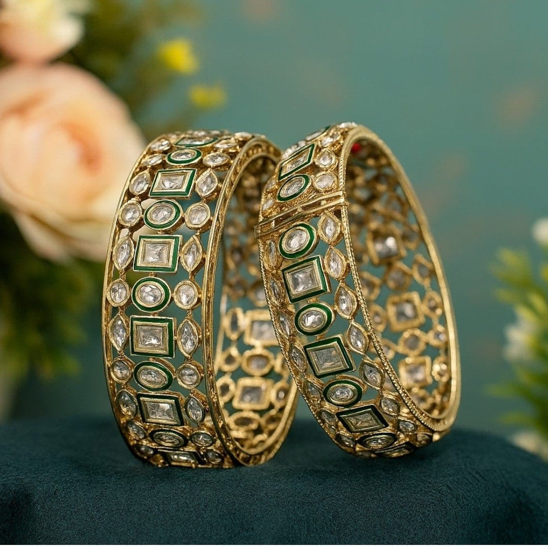 Gold - Plated Kundan Bangles with Green Enamel Work - Auraa Trends - Bangles -  - Auraa Trends - Elegant gold - plated kundan bangles with green enamel work and lattice design – traditional ethnic jewelry for festive wear.