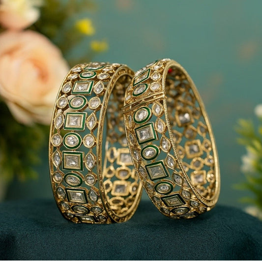 Gold - Plated Kundan Bangles with Green Enamel Work - Auraa Trends - Bangles -  - Auraa Trends - Elegant gold - plated kundan bangles with green enamel work and lattice design – traditional ethnic jewelry for festive wear.