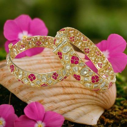 Gold - Plated Kundan Bangles with Pink Enamel Detailing - Auraa Trends - Bangles -  - Auraa Trends - Gold - Plated Kundan Bangles with Pink Enamel Detailing