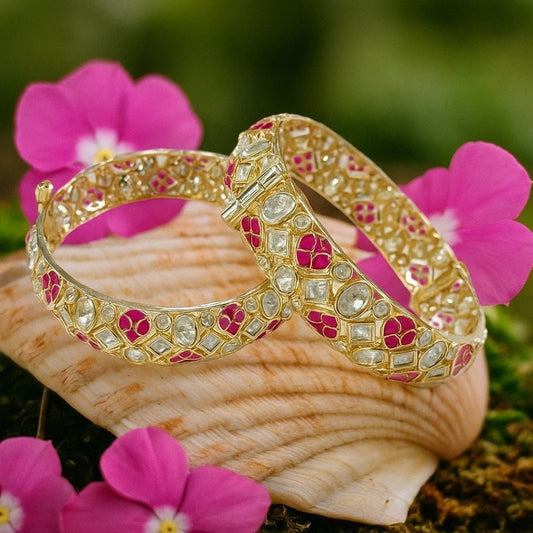 Gold - Plated Kundan Bangles with Pink Enamel Detailing - Auraa Trends - Bangles -  - Auraa Trends - Gold - Plated Kundan Bangles with Pink Enamel Detailing