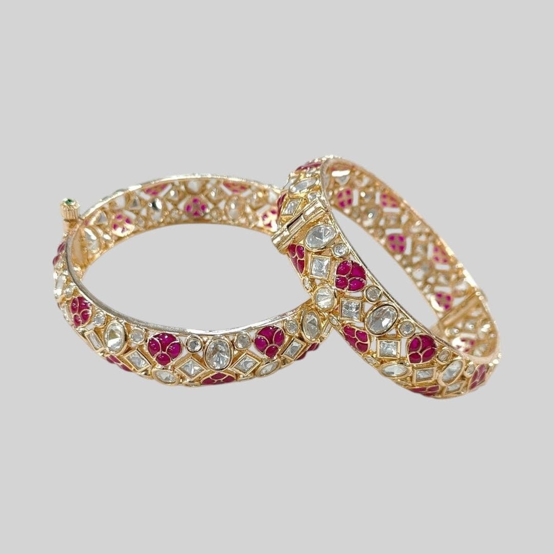 Gold - Plated Kundan Bangles with Pink Enamel Detailing - Auraa Trends - Bangles -  - Auraa Trends - Gold - Plated Kundan Bangles with Pink Enamel Detailing