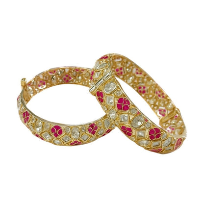 Gold - Plated Kundan Bangles with Pink Enamel Detailing - Auraa Trends - Bangles -  - Auraa Trends - Gold - Plated Kundan Bangles with Pink Enamel Detailing