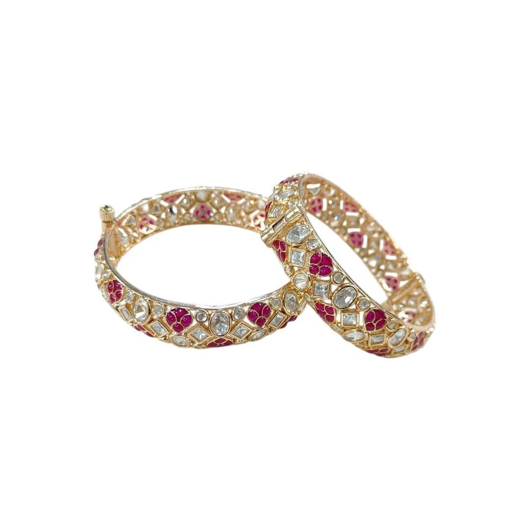 Gold - Plated Kundan Bangles with Pink Enamel Detailing - Auraa Trends - Bangles -  - Auraa Trends - Gold - Plated Kundan Bangles with Pink Enamel Detailing