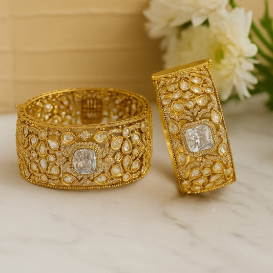 Gold - Plated Kundan Bridal Bangles with Sparkling Clear Center Stone - Auraa Trends - Bangles -  - Auraa Trends - “Heavy gold - plated bridal kundan bangles with clear square - cut center stone, traditional Indian wedding jewelry on dark green velvet background.”