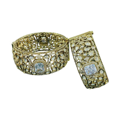Gold - Plated Kundan Bridal Bangles with Sparkling Clear Center Stone - Auraa Trends - Bangles -  - Auraa Trends - “Heavy gold - plated bridal kundan bangles with clear square - cut center stone, traditional Indian wedding jewelry on dark green velvet background.”