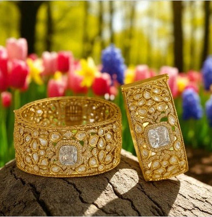 Gold - Plated Kundan Bridal Bangles with Sparkling Clear Center Stone - Auraa Trends - Bangles -  - Auraa Trends - “Heavy gold - plated bridal kundan bangles with clear square - cut center stone, traditional Indian wedding jewelry on dark green velvet background.”