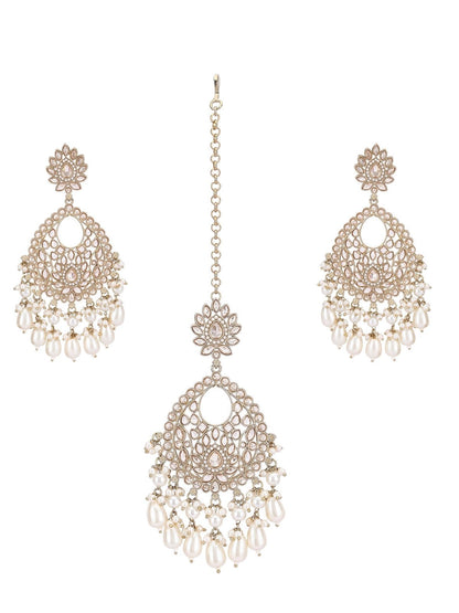 Gold-Plated Kundan Chandbaali and Maangtikka set - Auraa Trends - Earring Set - Bridal Collection Contemporary Earring