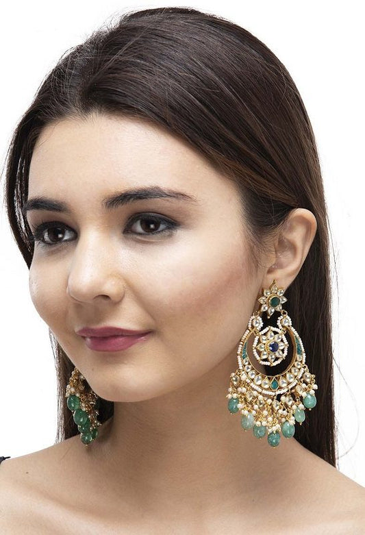 Gold Plated Kundan Chandbaali Earrings with Green Drops - Auraa Trends - Chandbali - Kundan Crescent Earrings with Aqua Green