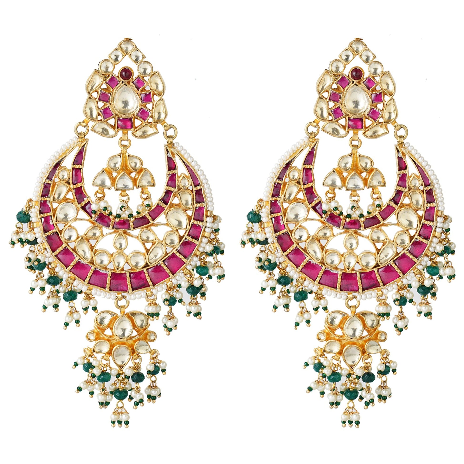 Gold Plated Kundan Chandbaali Earrings with Stones - Auraa Trends - Chandbali - Gold Plated Kundan Chandbaali Earrings