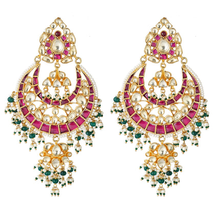 Gold Plated Kundan Chandbaali Earrings with Stones - Auraa Trends - Chandbali - Gold Plated Kundan Chandbaali Earrings