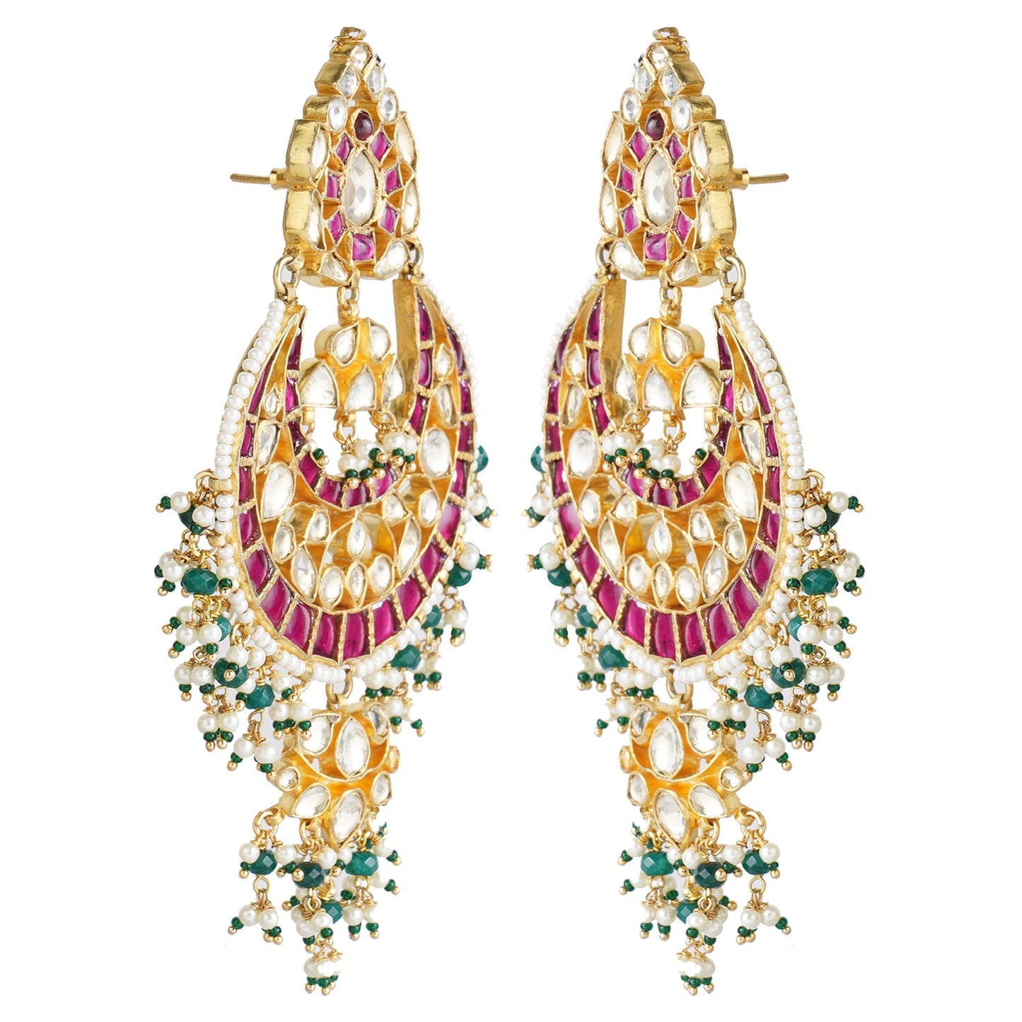 Gold Plated Kundan Chandbaali Earrings with Stones - Auraa Trends - Chandbali - Gold Plated Kundan Chandbaali Earrings