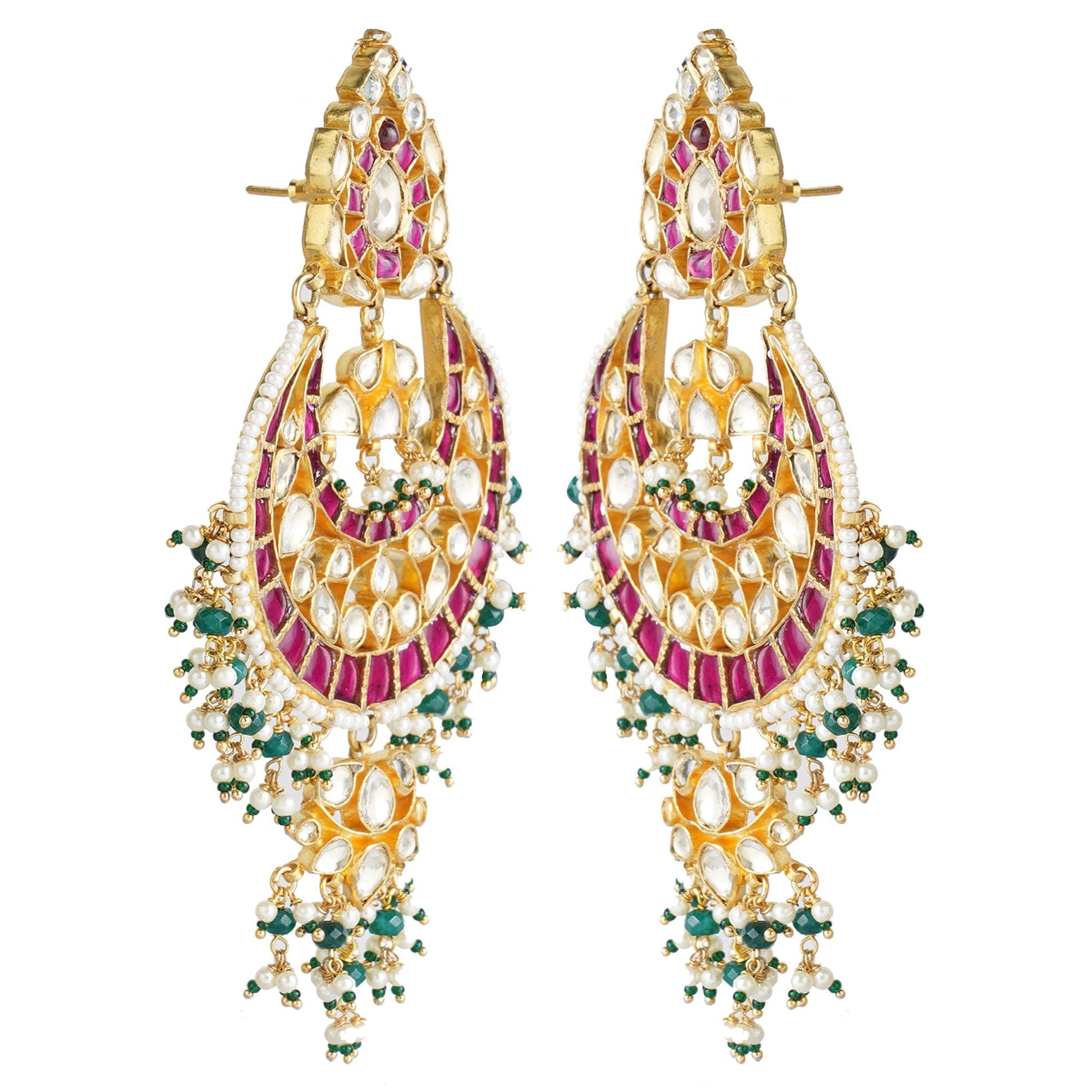 Gold Plated Kundan Chandbaali Earrings with Stones - Auraa Trends - Chandbali - Gold Plated Kundan Chandbaali Earrings