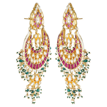 Gold Plated Kundan Chandbaali Earrings with Stones - Auraa Trends - Chandbali - Gold Plated Kundan Chandbaali Earrings
