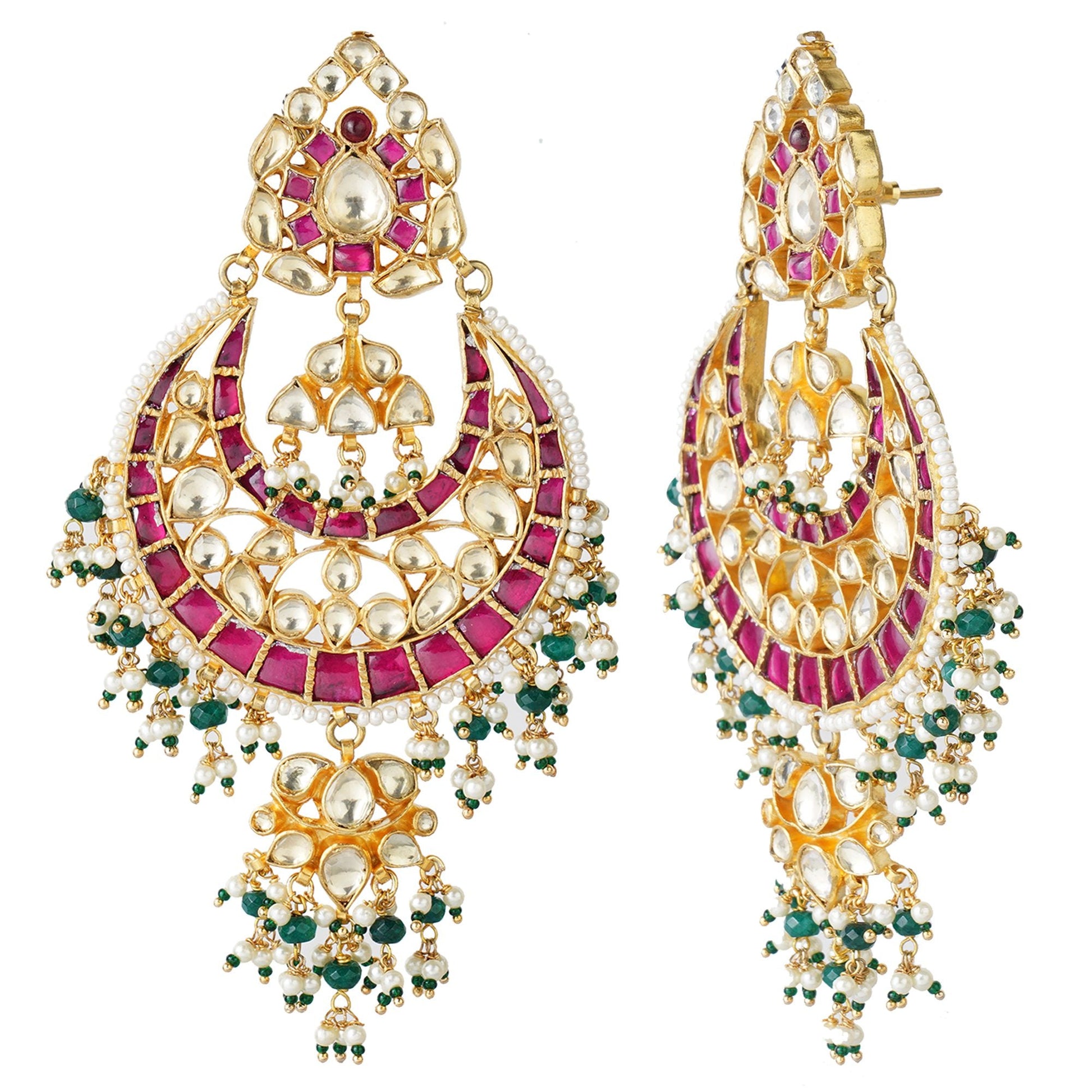 Gold Plated Kundan Chandbaali Earrings with Stones - Auraa Trends - Chandbali - Gold Plated Kundan Chandbaali Earrings