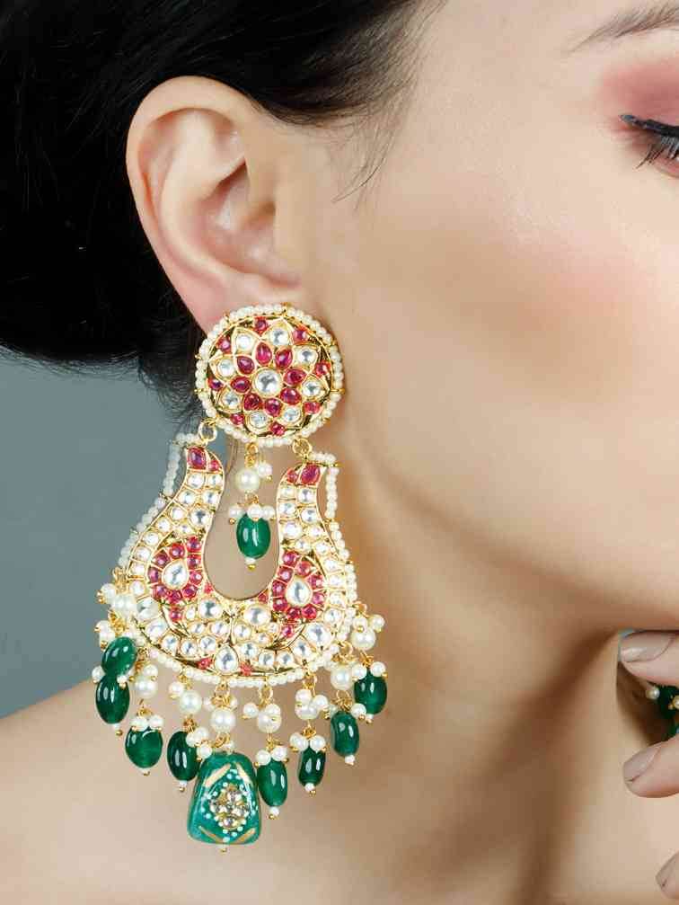 Ruby Pink Stones, Pearl Edging & Green Bead Drops