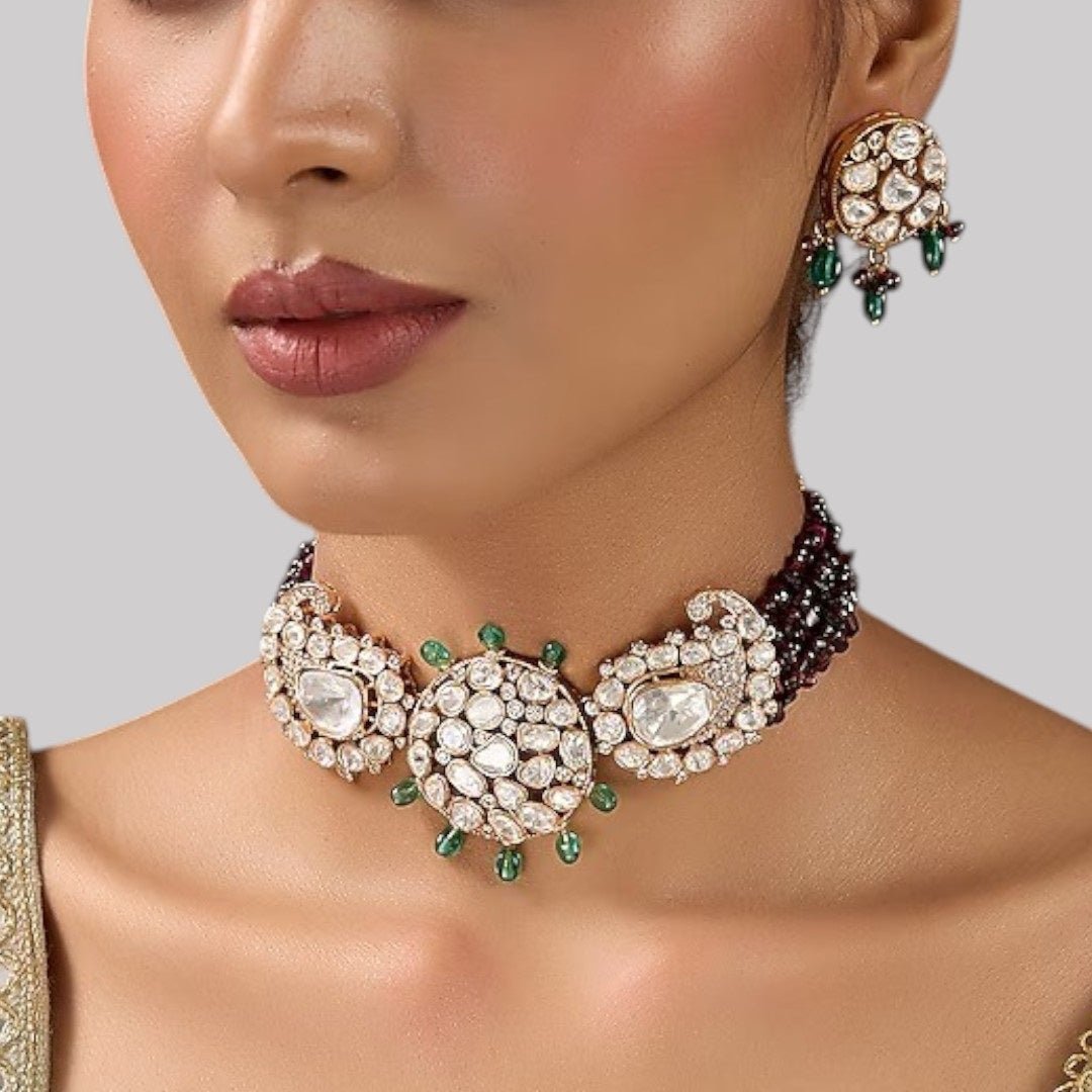 Gold - Plated Kundan Choker Necklace Set with Green Bead Detailing & Earrings for Women - Auraa Trends - Necklace Set -  - Auraa Trends - Gold - plated kundan choker necklace set with green and maroon bead detailing and matching round earrings – Traditional Indian ethnic jewelry set"
