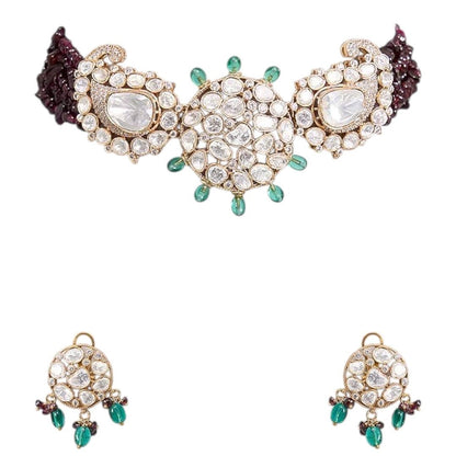 Gold - Plated Kundan Choker Necklace Set with Green Bead Detailing & Earrings for Women - Auraa Trends - Necklace Set -  - Auraa Trends - Gold - plated kundan choker necklace set with green and maroon bead detailing and matching round earrings – Traditional Indian ethnic jewelry set"