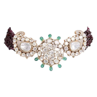 Gold - Plated Kundan Choker Necklace Set with Green Bead Detailing & Earrings for Women - Auraa Trends - Necklace Set -  - Auraa Trends - Gold - plated kundan choker necklace set with green and maroon bead detailing and matching round earrings – Traditional Indian ethnic jewelry set"
