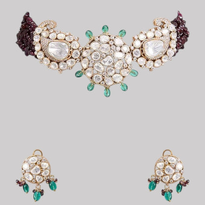 Gold - Plated Kundan Choker Necklace Set with Green Bead Detailing & Earrings for Women - Auraa Trends - Necklace Set -  - Auraa Trends - Gold - plated kundan choker necklace set with green and maroon bead detailing and matching round earrings – Traditional Indian ethnic jewelry set"