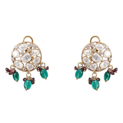 Gold - Plated Kundan Choker Necklace Set with Green Bead Detailing & Earrings for Women - Auraa Trends - Necklace Set -  - Auraa Trends - Gold - plated kundan choker necklace set with green and maroon bead detailing and matching round earrings – Traditional Indian ethnic jewelry set"