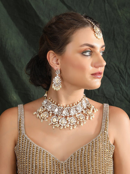 Gold Plated Kundan Choker Necklace Set with Pearl Detailing - Auraa Trends - Choker - Choker choker set for women Choker sets